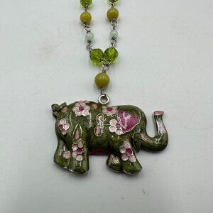 3/$30 Elephant Pendant Necklace Beaded Green Silver Tone Floral Trunk Up 17 Inch